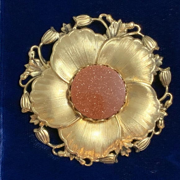 Antique Goldstone Gold Vermeil Flower Brooch - Picture 1 of 2